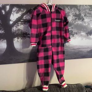 Pookie pink and black plaid fleece hooded onesie 5T